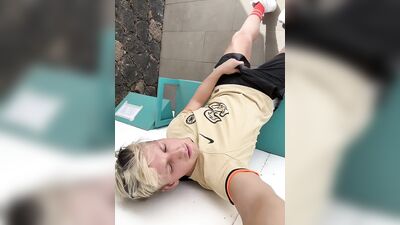 muscled boy Super risky jerk and cum at busstop while waiting for the bus