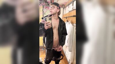 Horny Twink jerking off and cums at the changing room in public shop