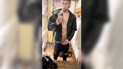 Horny Twink jerking off and cums at the changing room in public shop