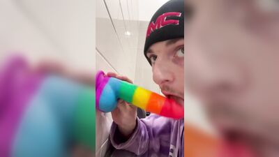 Sucking dildo in gas station bathroom