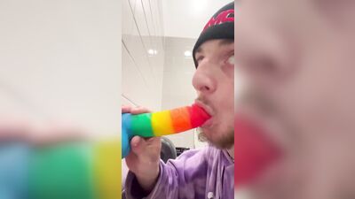 Sucking dildo in gas station bathroom