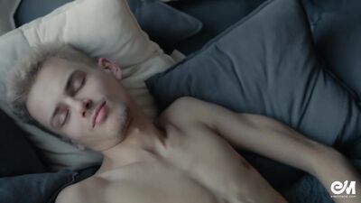 Seductive leather twink in leggings playing with cock on the bed