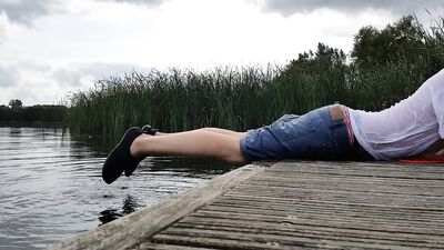 Sagging wet outdoor in lake with clothes