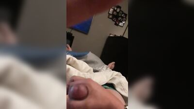 Shaved gay twink jerking off, moaning and cumming