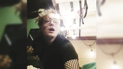 Twink crossdresser taking large dildo