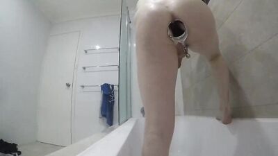 Twink takes Large Anal Insertions, Fisting, Extreme stretch in Shower