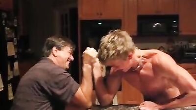 Ripped Blond Teen Armwrestles His Dad: Muscle Boys Father and Step Son