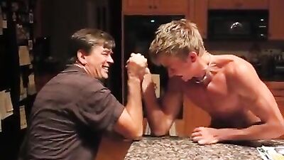 Ripped Blond Teen Armwrestles His Dad: Muscle Boys Father and Step Son