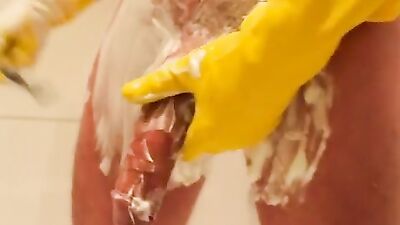 Shaving Frenzy: Gloved Cock Shaving Fun!