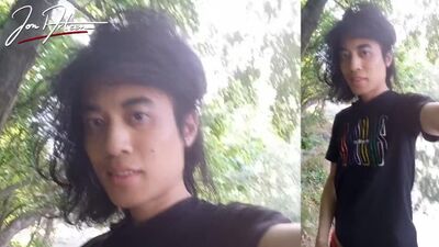 Jon Arteen walks in a gay cruising park, wanks, cums outdoors in front of water. Horny twink public