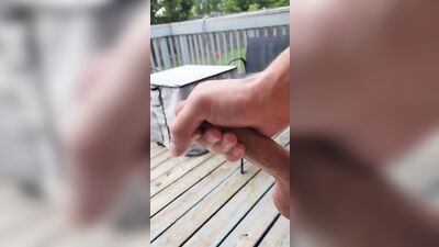 Risky cum on patio in the middle of the day. Outside public twink boy fun!!