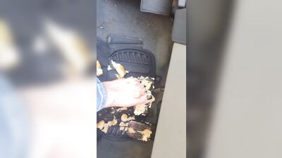 Hot blonde smashing Twinkies on pedals as she's pedal pumping