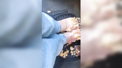 Hot blonde smashing Twinkies on pedals as she's pedal pumping