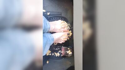 Hot blonde smashing Twinkies on pedals as she's pedal pumping