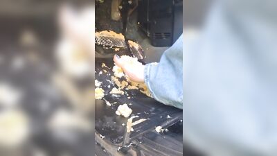 Hot blonde smashing Twinkies on pedals as she's pedal pumping