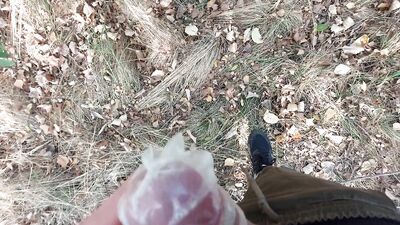 Young horny twink found a used condom in the woods, so he put his cock in it and spermed