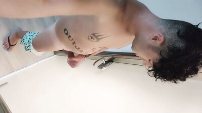 Two cumshots in friends house -first on his bed, second while he is showering