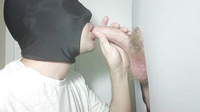 Blonde twink with a curved cock returns to the gloryhole to cum like a real stud.