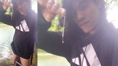 Cumplay play with long thick string of cum stuck on hand after orgasm with sex twink moaning outdoor