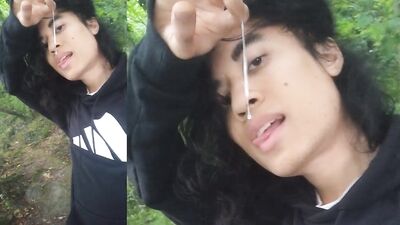 Cumplay play with long thick string of cum stuck on hand after orgasm with sex twink moaning outdoor