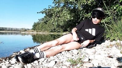 I wank my snake, then I see a real snake! Just here near the place I cum on my thigh and cumplay. I