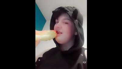 Femboy goth twink records himself sucking toy just been inside him