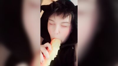 Femboy goth twink records himself sucking toy just been inside him