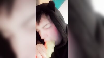 Femboy goth twink records himself sucking toy just been inside him
