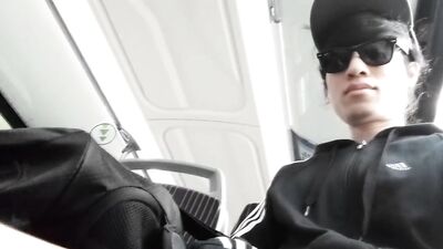 Naughty twink walks freeball, shows his cock sticking out of his shorts, in public bus and street