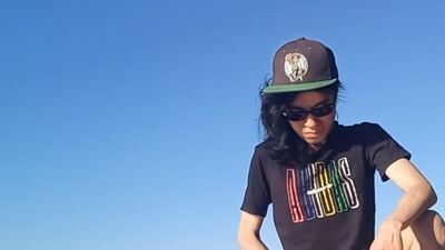 Risky public masturbation, cumshot outside, outdoors, by the water, of a twink with long black hair