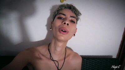 POV Cameraman gives a nice oil handjob to a big dick skinny twink and makes him cum hard