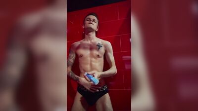 Gay tattooed twink Michael Moore playing in BDSM room with his body