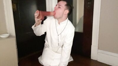 Cute altar boy worships dildo