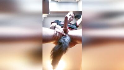 Twink cute gay FoxYaoi masturbates with anal fox tail