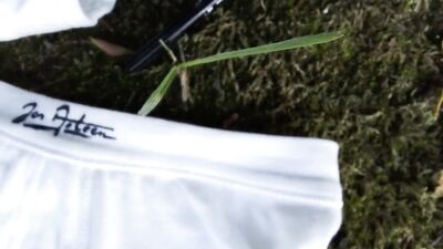 Jon Arteen's signature on small briefs after undies are lightly worn in public. Don't get caught boy
