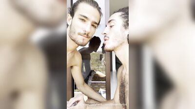 Hot Guys tongue kiss and jerk their big dicks outdoor, blowjob big cock, eating ass