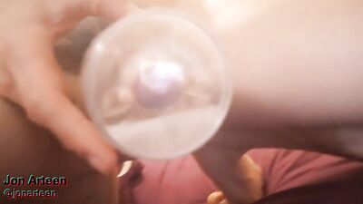 Horny twink drinks his own cum after the boy fucks cums with moaning, eye rolling, loud orgasm