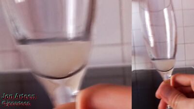 Horny twink drinks his own cum after the boy fucks cums with moaning, eye rolling, loud orgasm