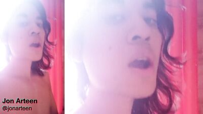 Horny twink drinks his own cum after the boy fucks cums with moaning, eye rolling, loud orgasm