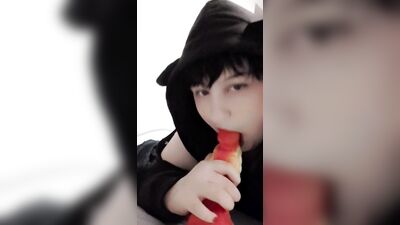 Femboy sissy twink sucks on huge dragon dildo