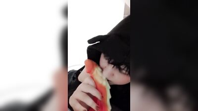 Femboy sissy twink sucks on huge dragon dildo