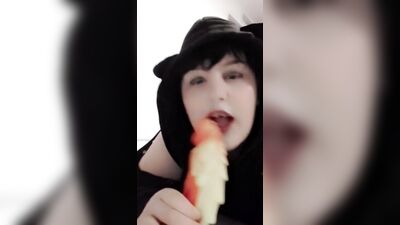 Femboy sissy twink sucks on huge dragon dildo