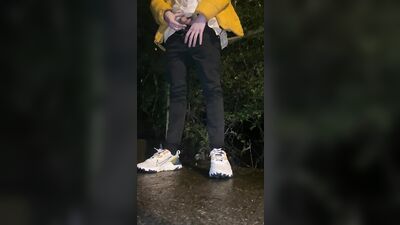 Twink boy pissing public after party