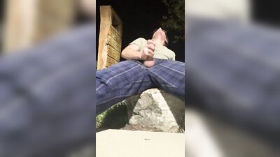 Masturbating Outside - Blonde Cutie Cumming With His Big Hard White Cock and Balls Out the Fly of Hi