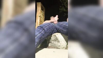 Masturbating Outside - Blonde Cutie Cumming With His Big Hard White Cock and Balls Out the Fly of Hi