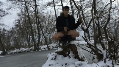 Romantic frozen lake jerking off