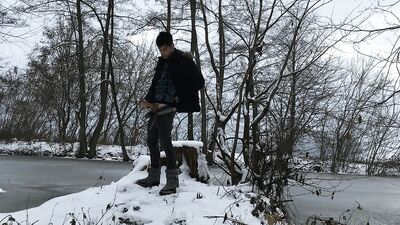 Romantic frozen lake jerking off