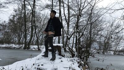 Romantic frozen lake jerking off