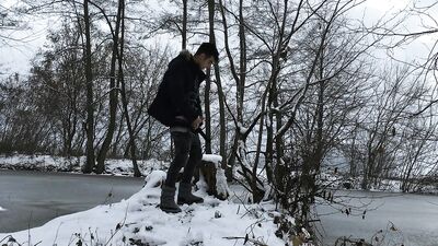 Romantic frozen lake jerking off