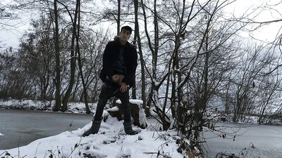 Romantic frozen lake jerking off